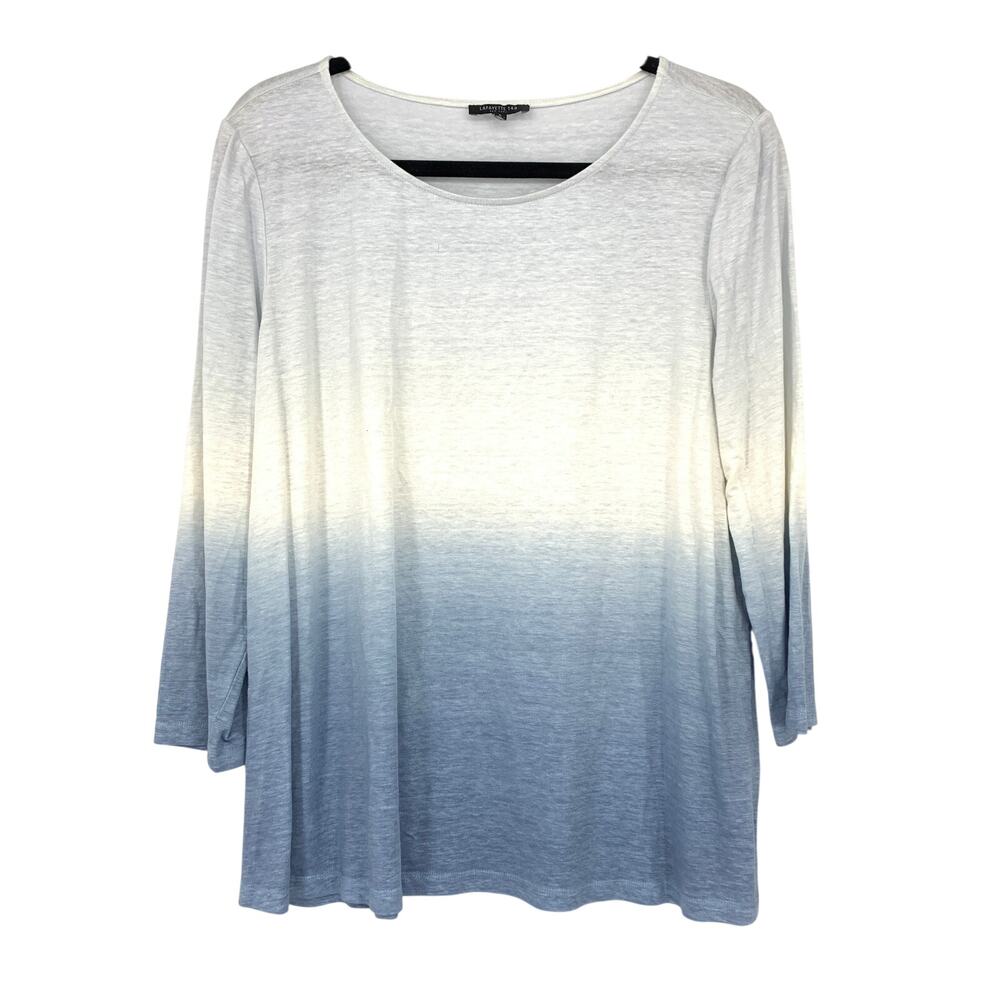 Lafayette 148 Scoop Neck 3/4 Sleeve Top Womens Sz Large Blue Ombre Dye Linen